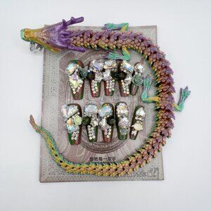 Luxury Dragon Ring Press-On Nails | Rhinestone 3D Flower | Long Coffin